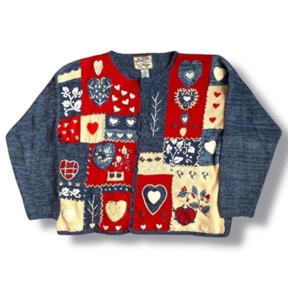 Vintage Patchwork Heart Print‎ Cardigan Bright Red Navy Folk Art Sweater Large